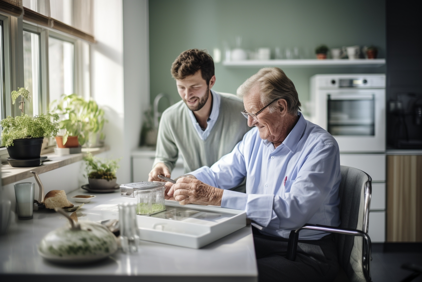 photoshoot of a home attendant helping to an older man at his home