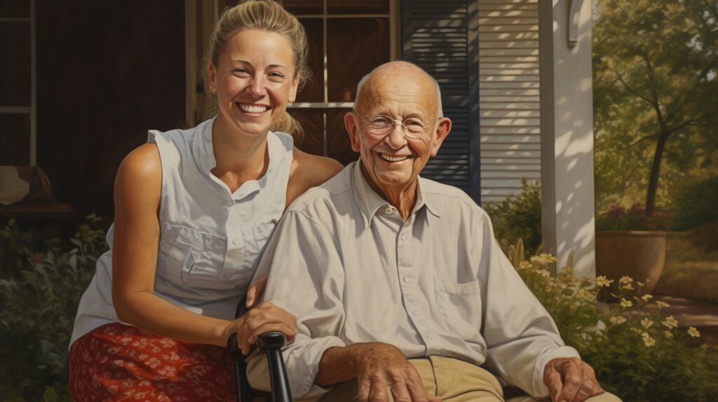 happy elderly man is sitting in the chair and his female caregiver near him