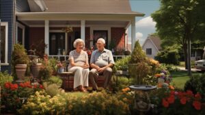 An elderly couple is sitting at their nice and neat frontyard at their home in Ohio