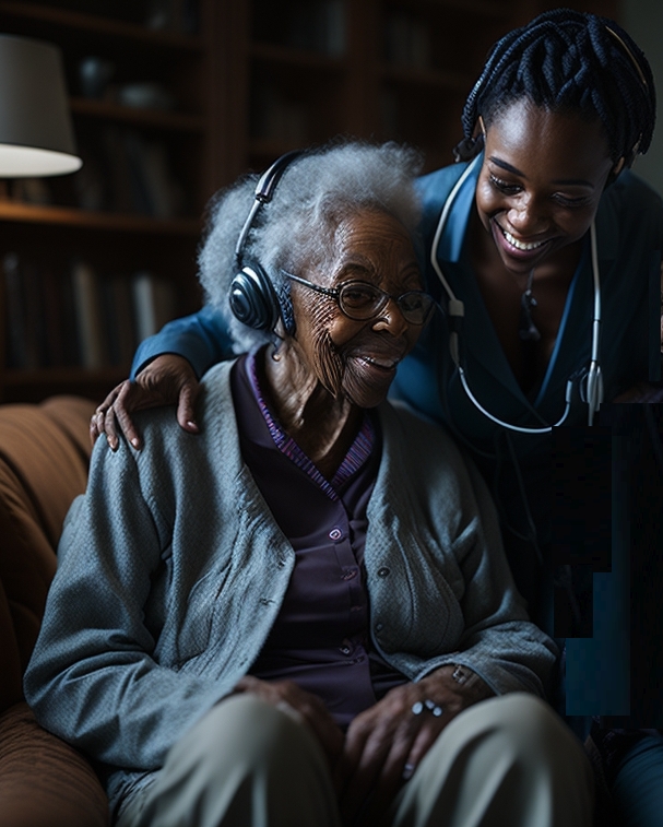 Old woman in headphones in a chair with her female caregiver