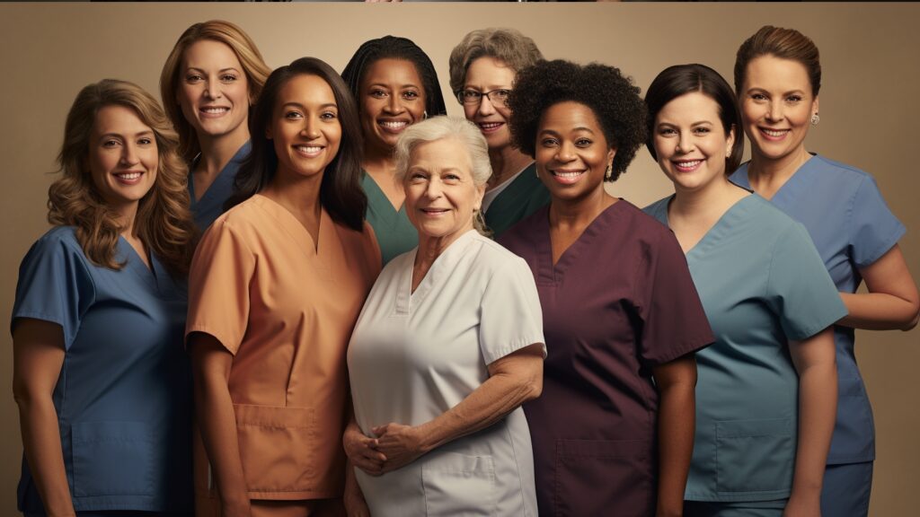 a team of family caregivers in uniform group photo - all women, diversity