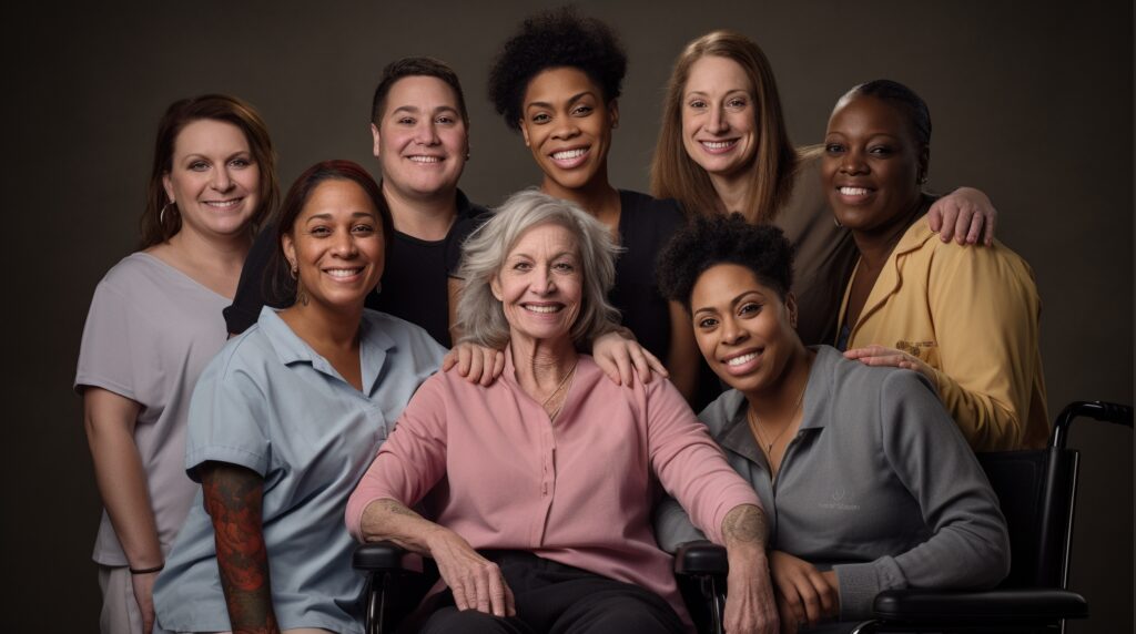 a team of caregivers around a senior lady, everybody smiling