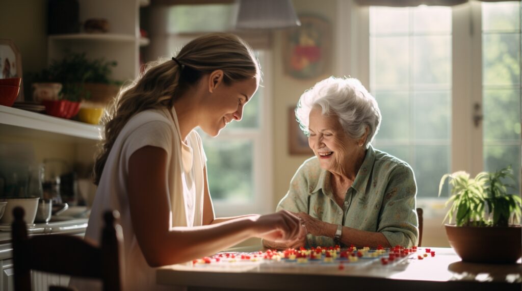 female caregiver with an elderly woman at her home in Ohio playing a table game