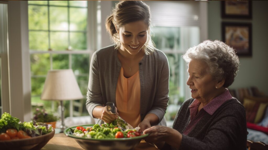 photoshoot of a female caregiver with an elderly person at their nice and neat home in Ohio, helping to prepare a meal