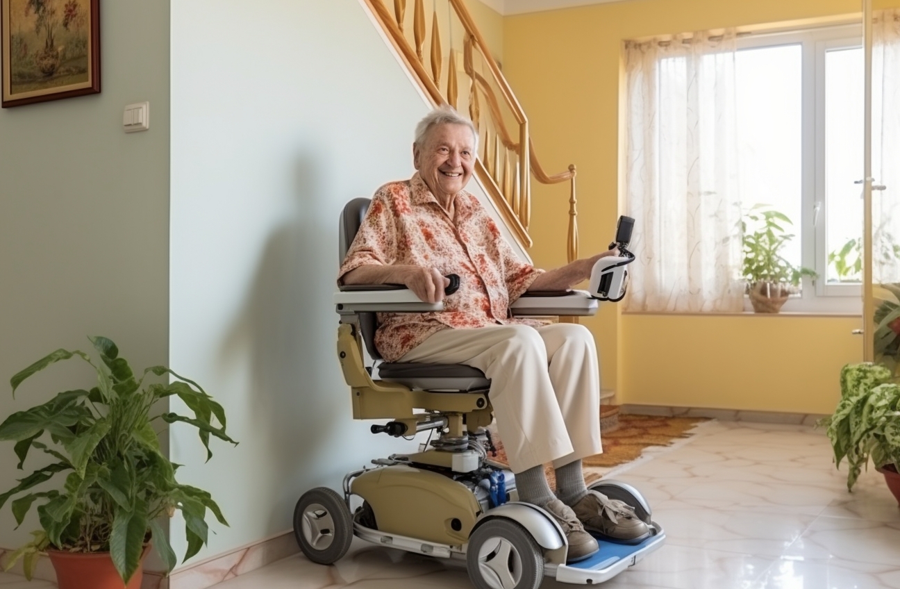 an elderly man is sitting on an electric power wheelchair smiling, home modification for seniors in action