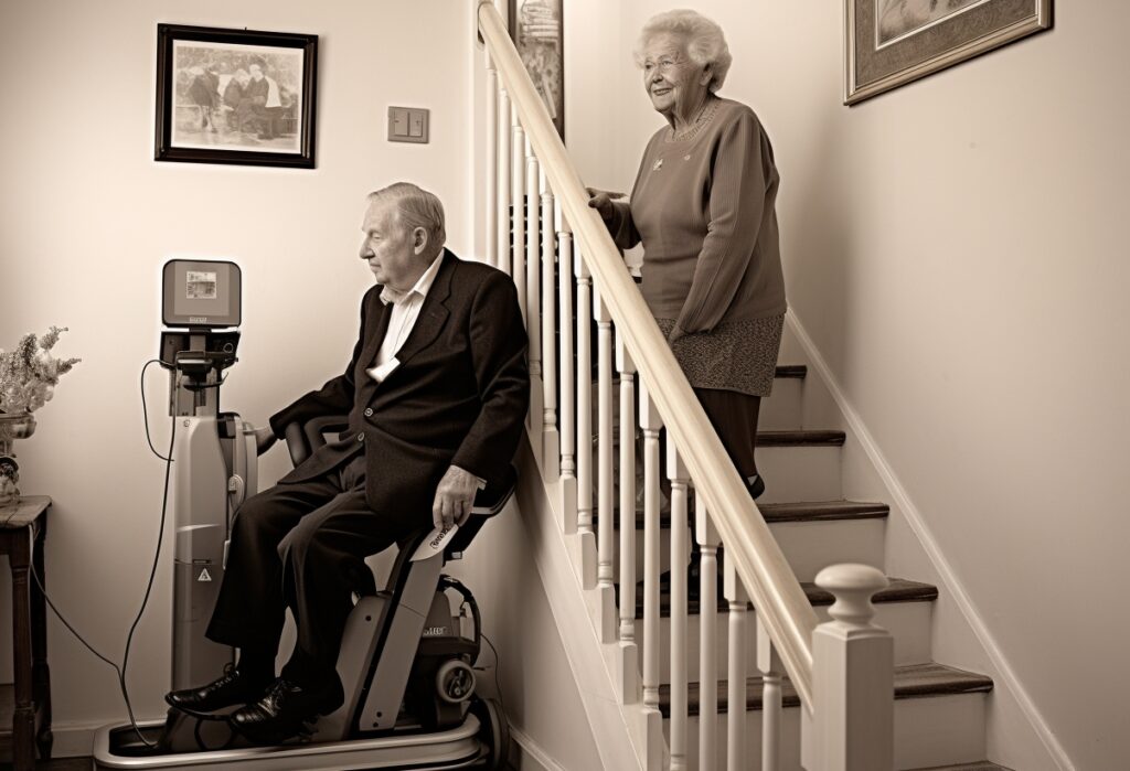 an elderly man is sitting on an electric wheelchair and an elderly woman is nearby