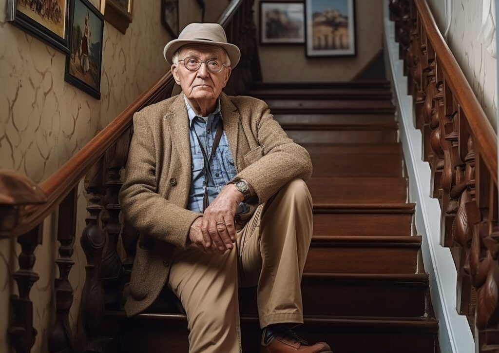 an elderly man wearing a costume and hat is sitting on a step of wooden stairs indoor