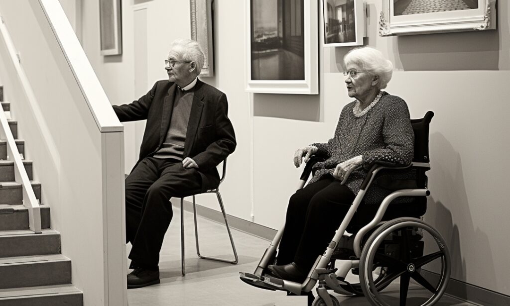 an elderly woman is sitting on an electric wheelchair and an elderly man is nearby