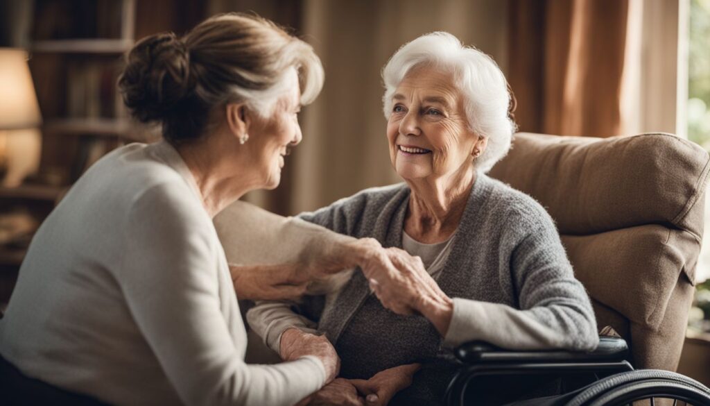 A caregiver assists a senior woman in a wheelchair in a warm home environment