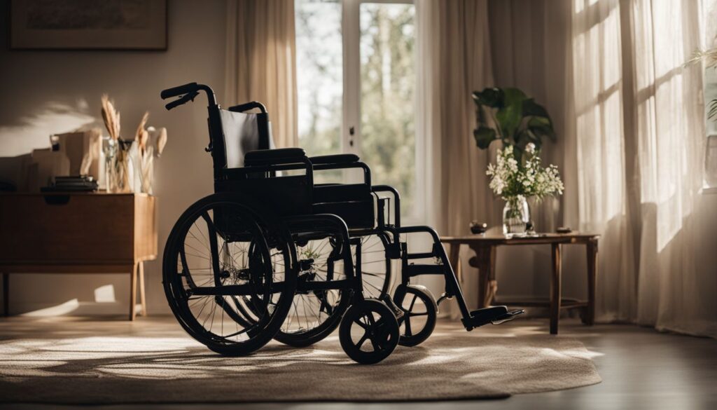 An empty wheelchair is in a sunlit living room