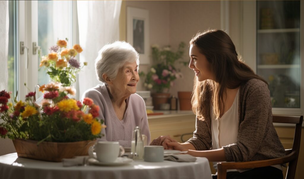 A young woman and an elderly woman sitting at the table with tea cups and flowers
