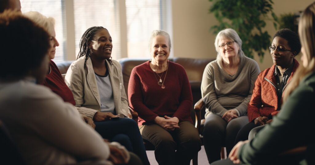 caregiving support group - senior women in a close circle in a room talking and smiling