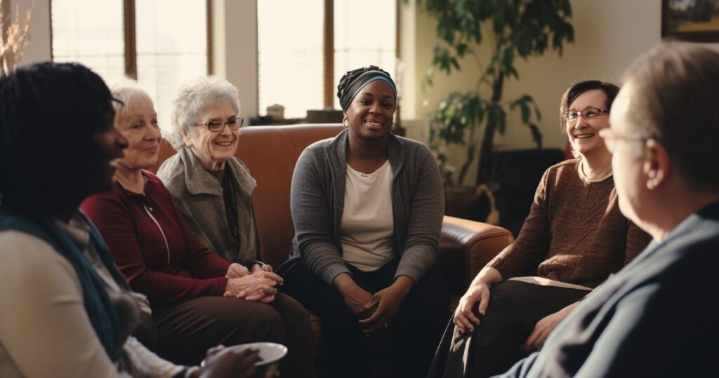 women caregiving support group - talking in a room