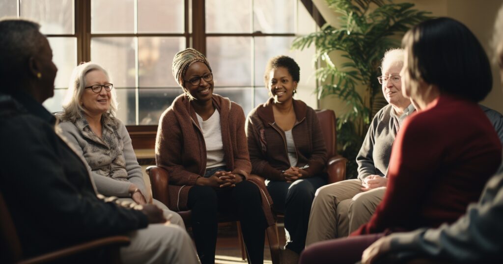 Women sitting in a circle talking and smiling 