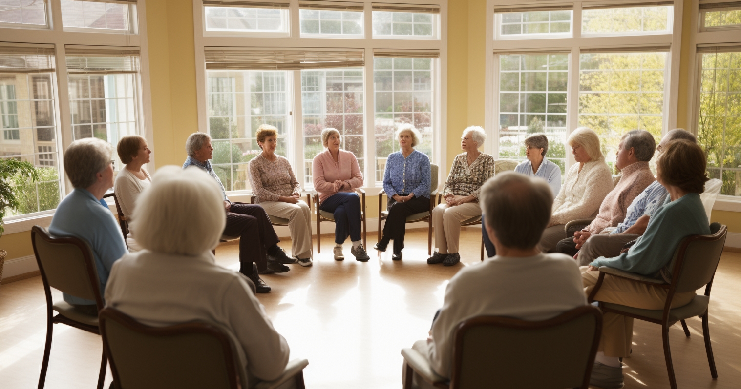 gathering of senior women sitting in a circle in a big hall with large windows