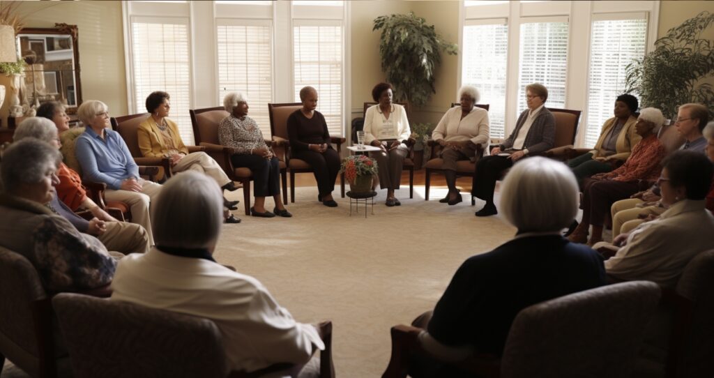 gathering of senior women sitting in a circle in a big room with large windows