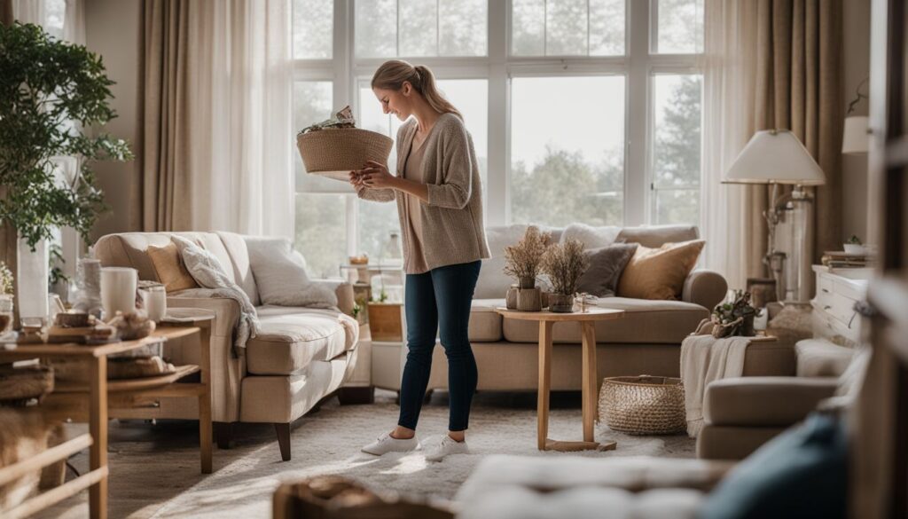 A caregiver straightening up a well-organized, cozy living room