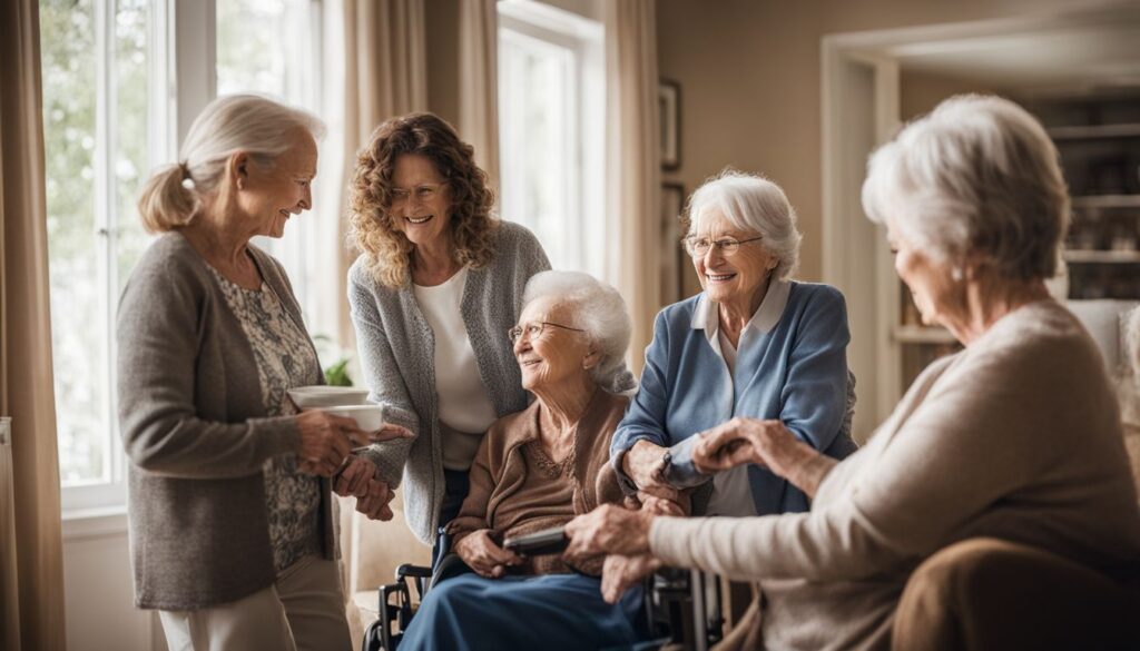 A diverse group of caregivers providing assistance to seniors in a warm and comfortable home environment