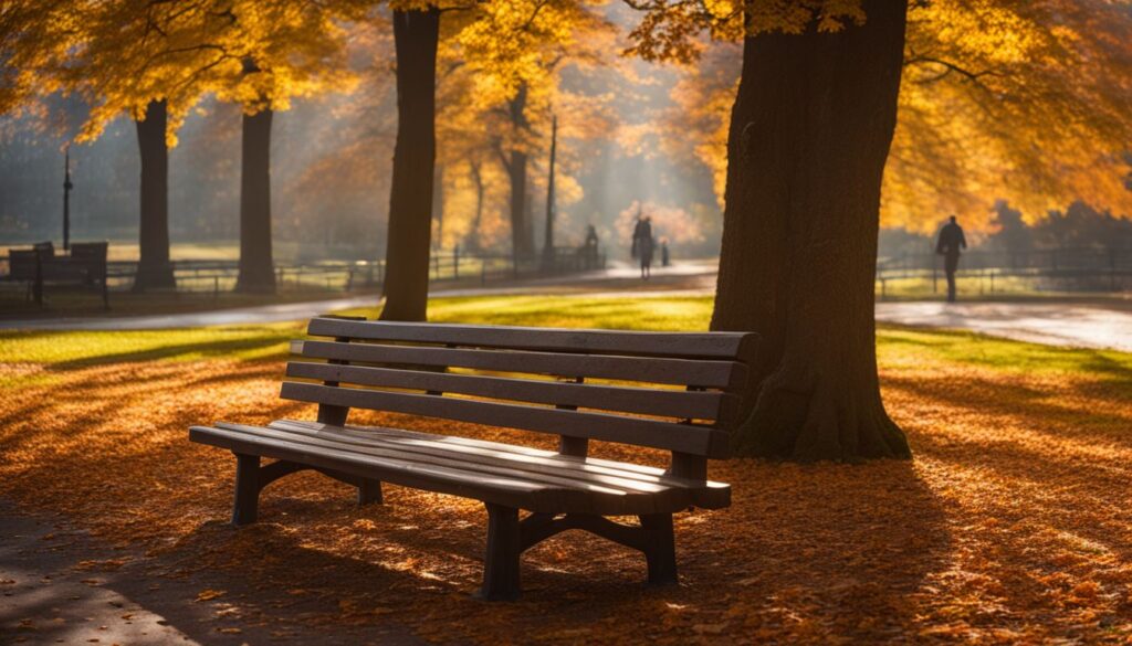 A scenic park bench surrounded by colorful autumn foliage with people walking in background