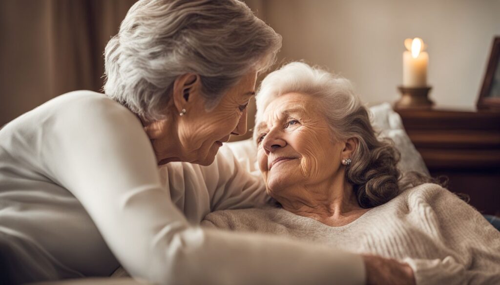A senior receiving loving care from a caregiver in a comfortable home setting