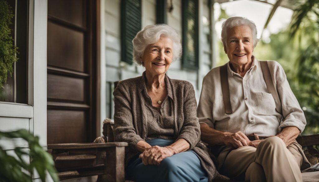 An elderly couple enjoys a peaceful moment on their porch surrounded by lush greenery
