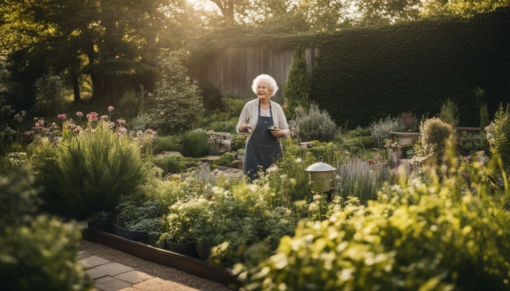 An elderly woman working in a well-maintained garden