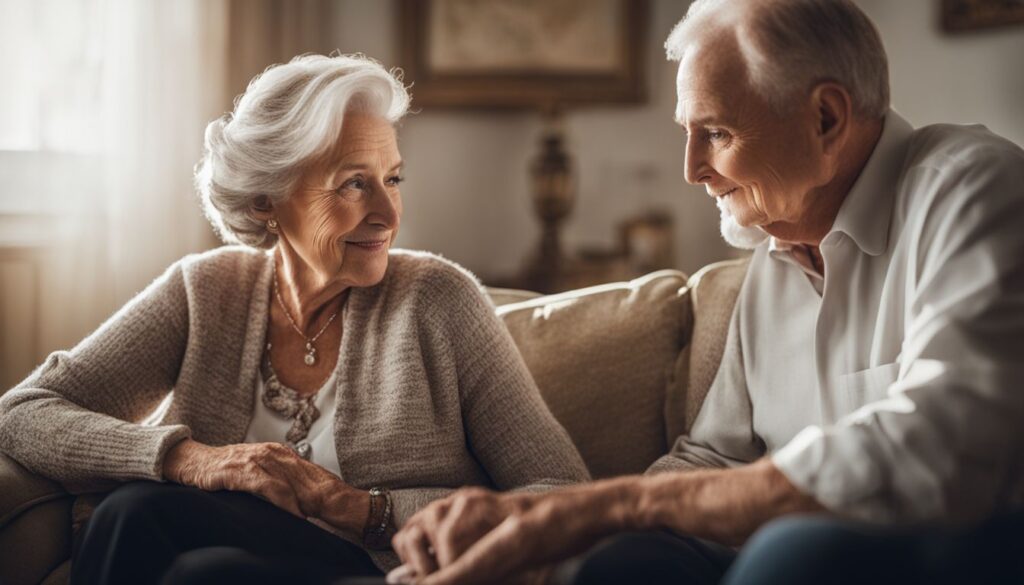 Elderly couple discussing home health care options in their cozy living room