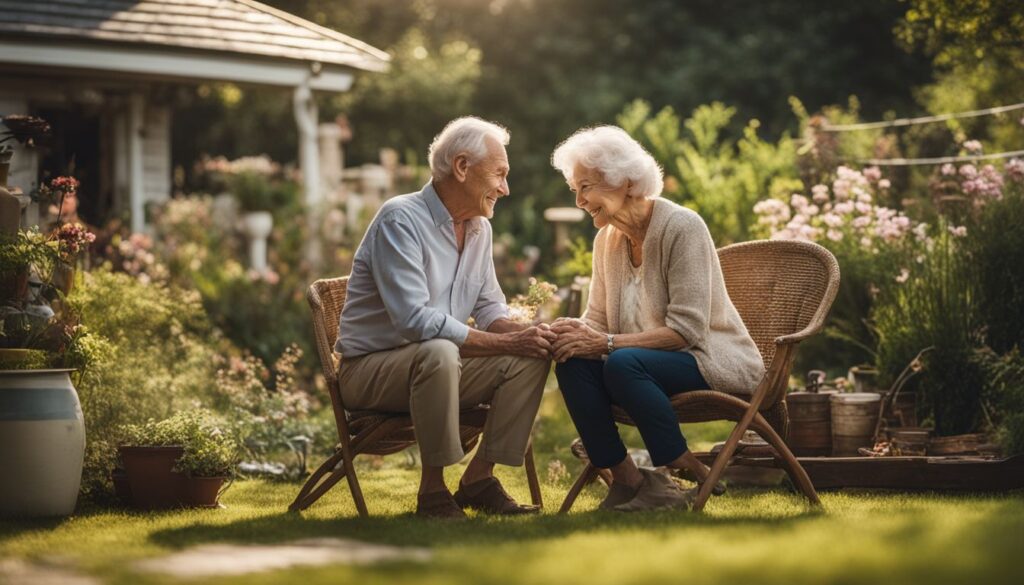 Elderly couple enjoys a peaceful afternoon in their cozy home garden