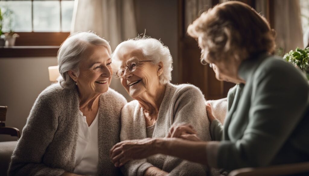 three elderly women are talking and smiling