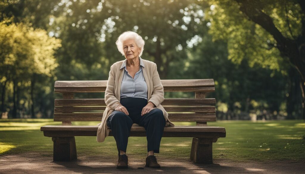 a senior woman is sitting on the wooden bench in a park