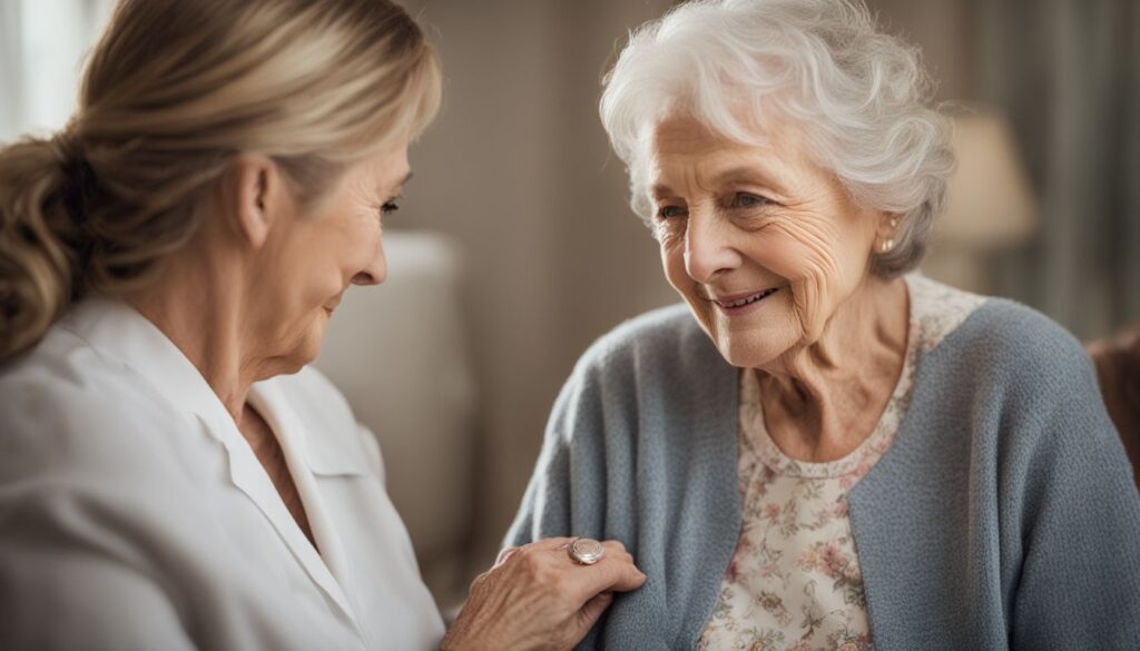 An elderly woman is having a conversation with a compassionate caregiver