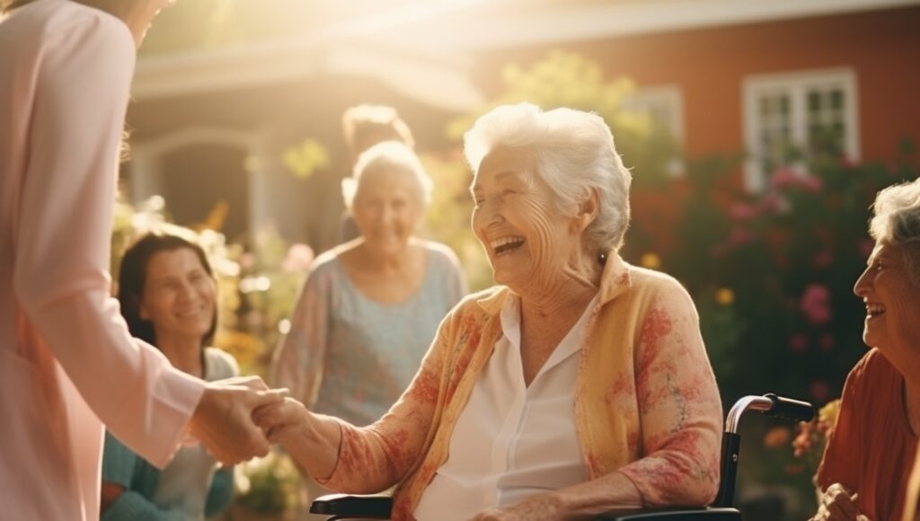 happy gathering of elderly women in a summer garden