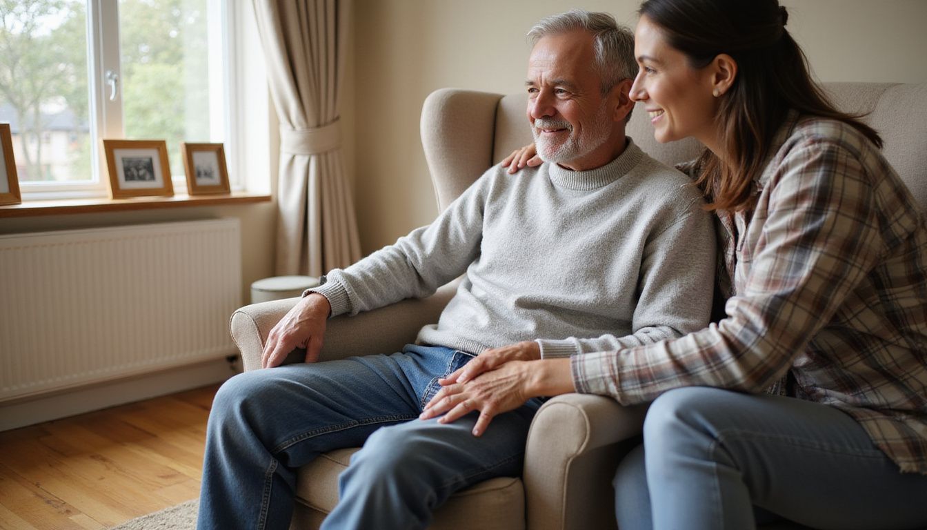An elderly man sits in a cozy living room, engaged in conversation with a home care provider.