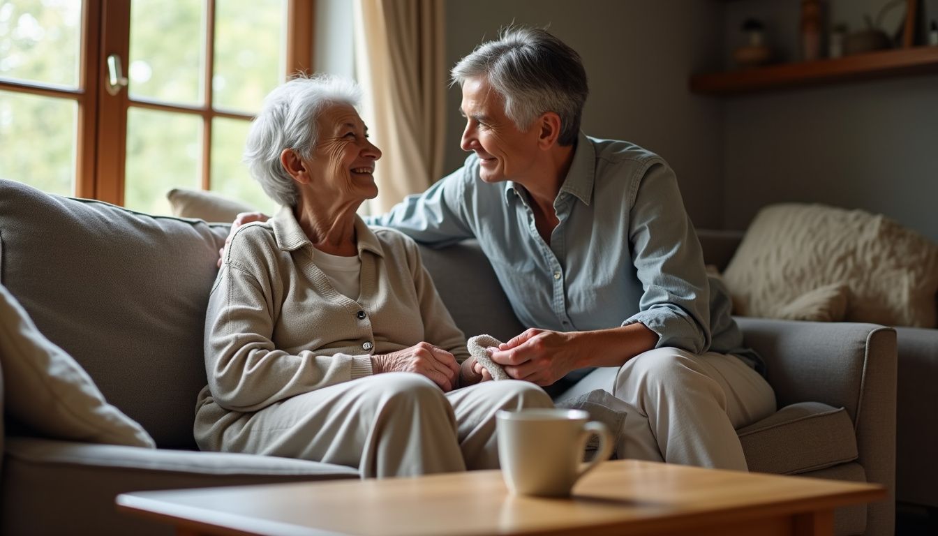 An elderly woman and her caregiver share a peaceful moment in a warmly lit living room.