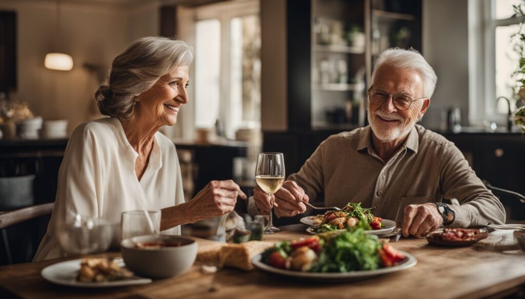 A senior man and woman enjoying a beautifully plated, nutritious meal at their dining table