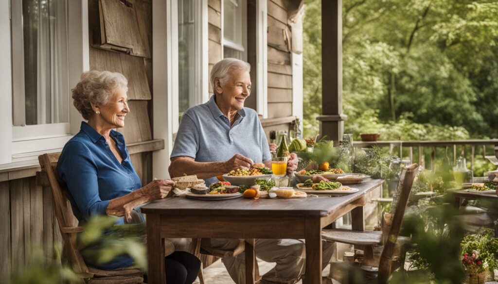 An elderly couple enjoys a prepared meal delivery on their porch 