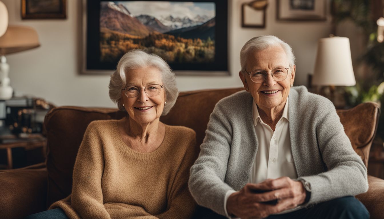 An elderly couple surrounded by family photos in their cozy living room