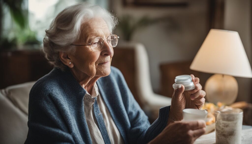 An elderly person peacefully takes medication in her home