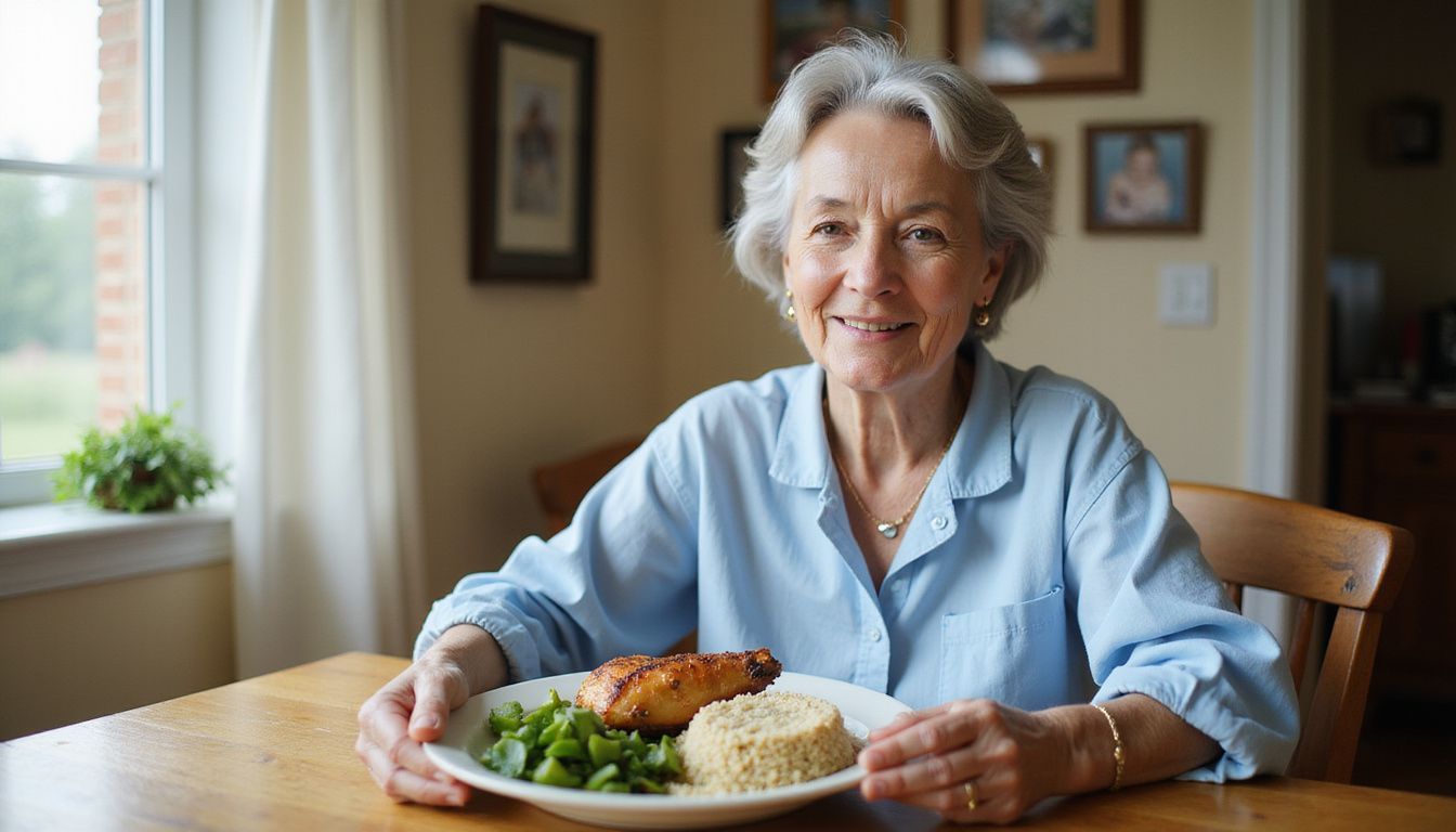 An elderly woman enjoys a wholesome meal at a cozy wooden dining table in her Ohio home.