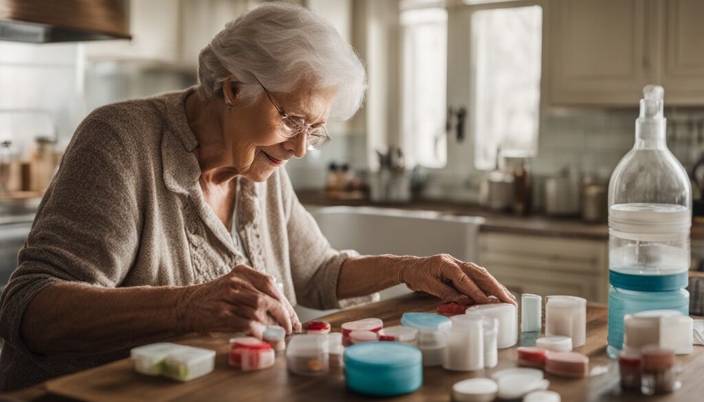 An elderly woman organizes and manages pill boxes at a well-lit kitchen table.