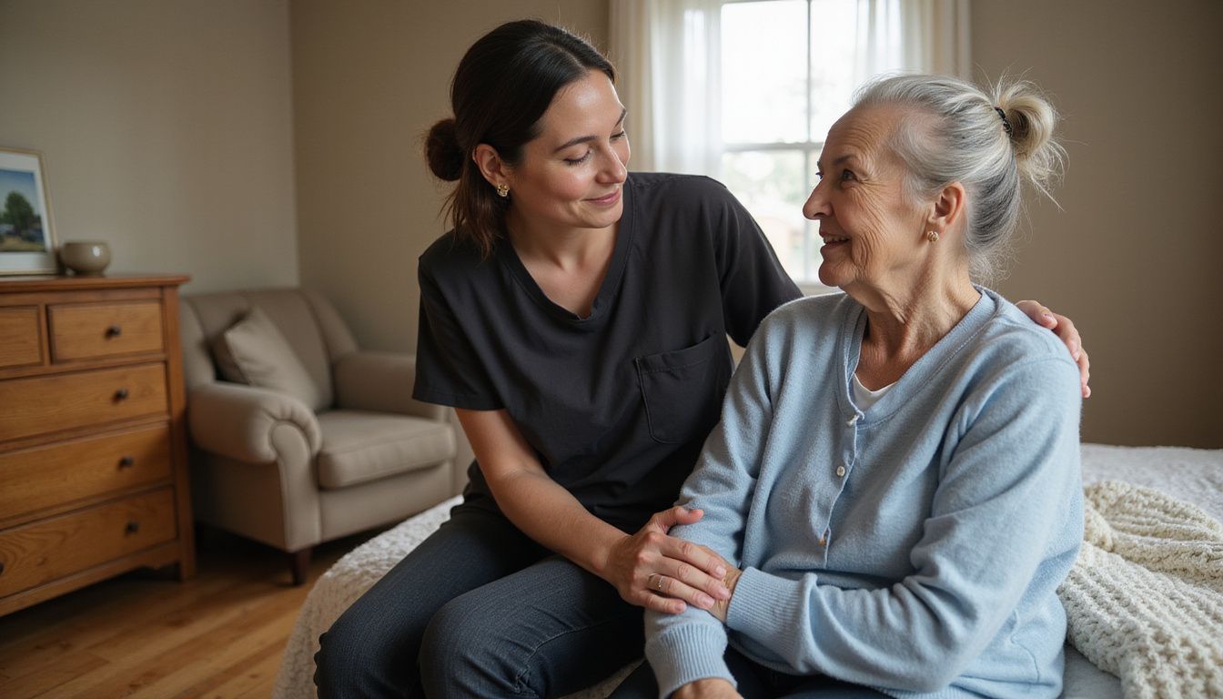 An elderly woman sits on a bed while her caregiver adjusts her cardigan with care.