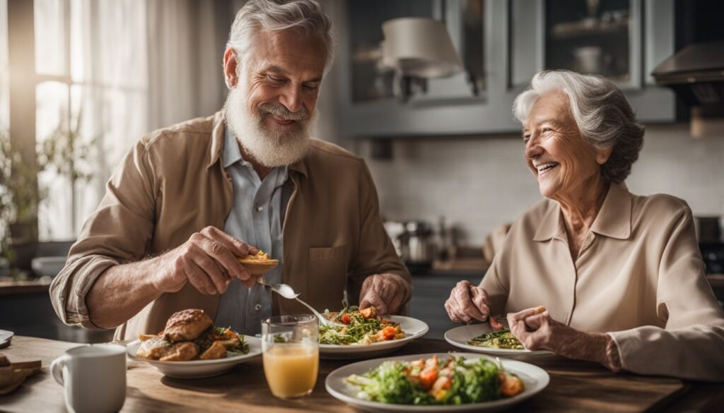 An elderly couple enjoys a nutritious meal delivery at home