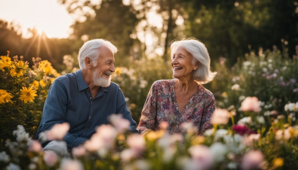 A senior couple enjoying a peaceful evening in their blooming garden