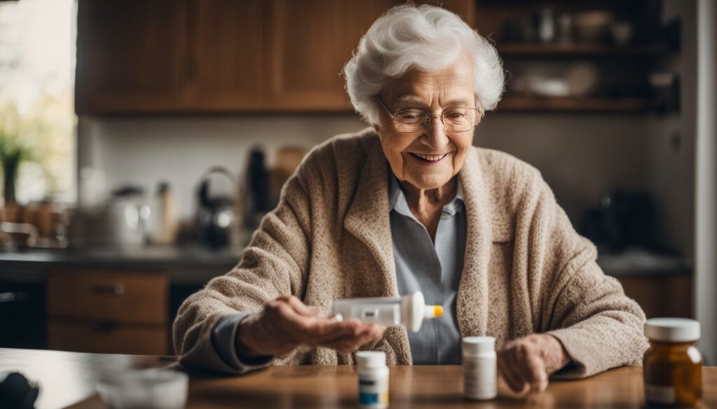 An elderly person happily taking their medication at home in a comforting environment