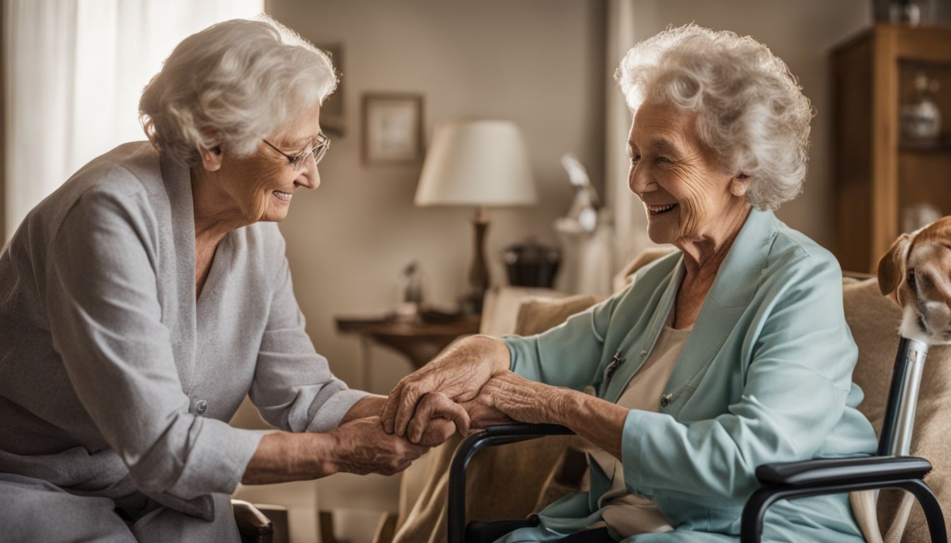 two elderly women smiling and talking