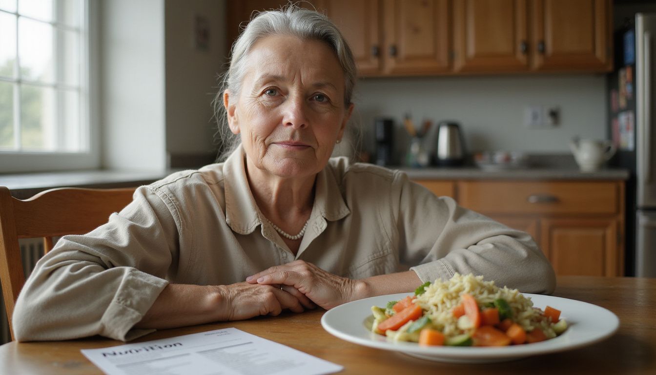 An elderly woman sits at a kitchen table with a freshly prepared meal and nutrition sheet.