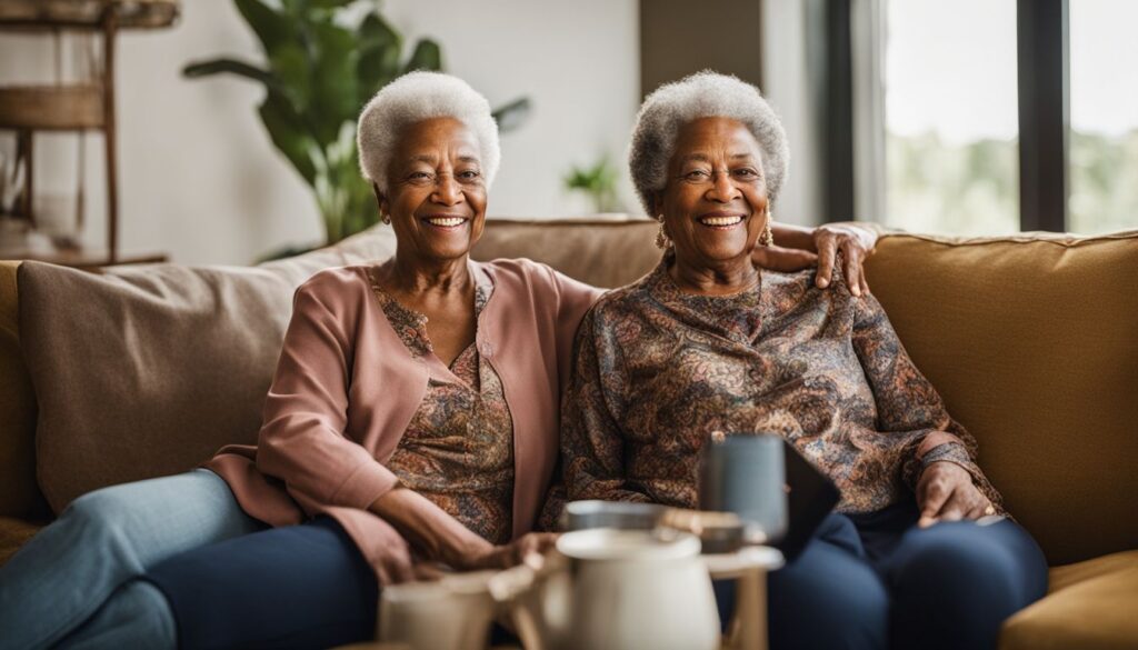 Two elderly women smiling in a comfort of the home