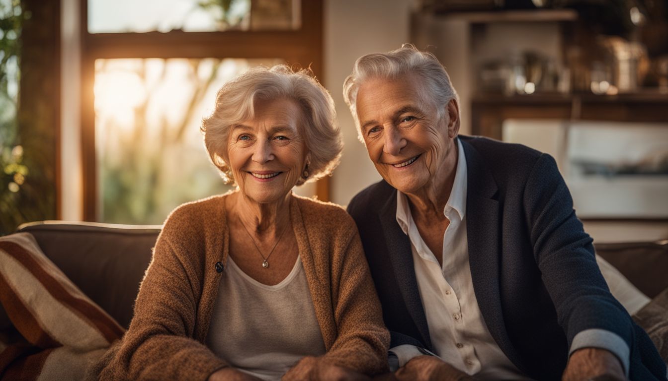 Elderly happy couple in their home at sunset smiling