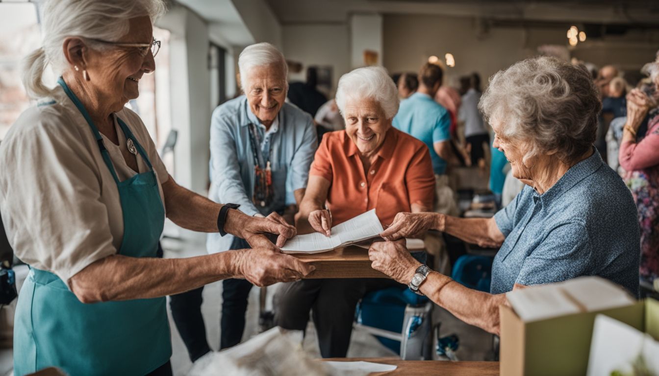 a big gathering of elderly people at community place that offer Senior Support Services, they communicating to each other and smiling