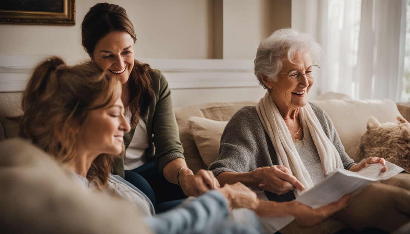 a grandma with her daughter and grandaughter at home talking and smiling